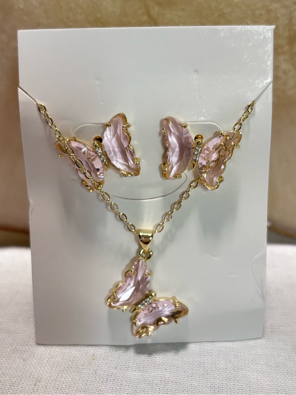Pink Butterfly Crystal Necklace and Earring Set